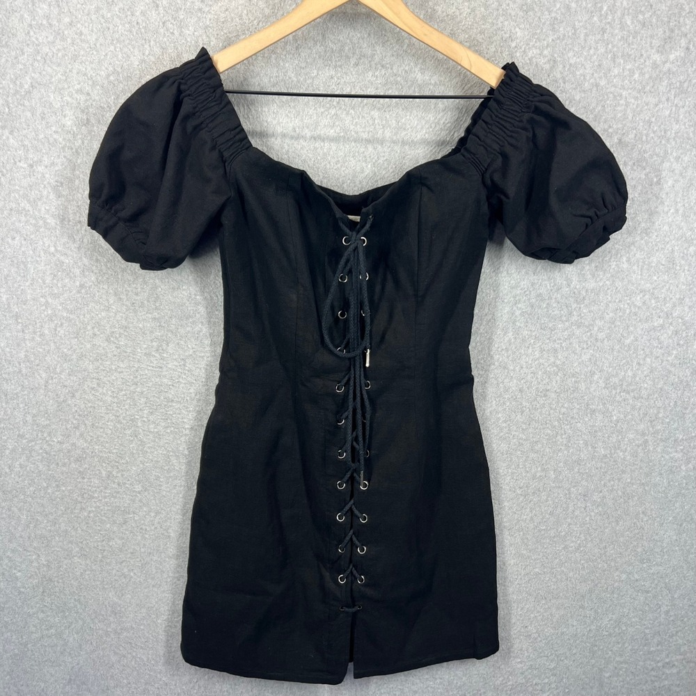 Stone Cold Fox Dress Women S Black Lace Up Puff Sleeve Linen Blend Mini EUC